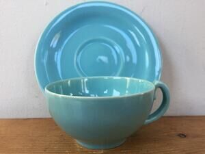Set Vintage 1930s Pacific Pottery Colorware Aqua Blue Ceramic Tea Cup + Saucer